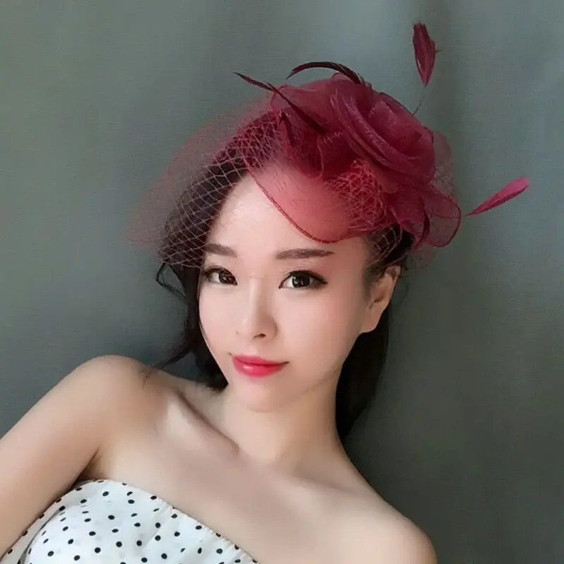 Stunning Net Wine Red Bird Cage Wedding Veils Hand Work Head Accessories With Feather Black/White/Gray