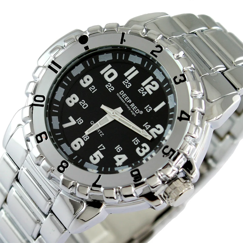 

DEEPRED Mens New Fashion Pointer Fluorescent Full Steel Competitive Products Men Quartz Watch relogio masculino Black Dial