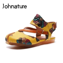 Johnature/повседневные Летние босоножки из натуральной кожи с ремешком на щиколотке; женская обувь на плоской подошве в стиле ретро с принтом на застежке-липучке и ремешком сзади