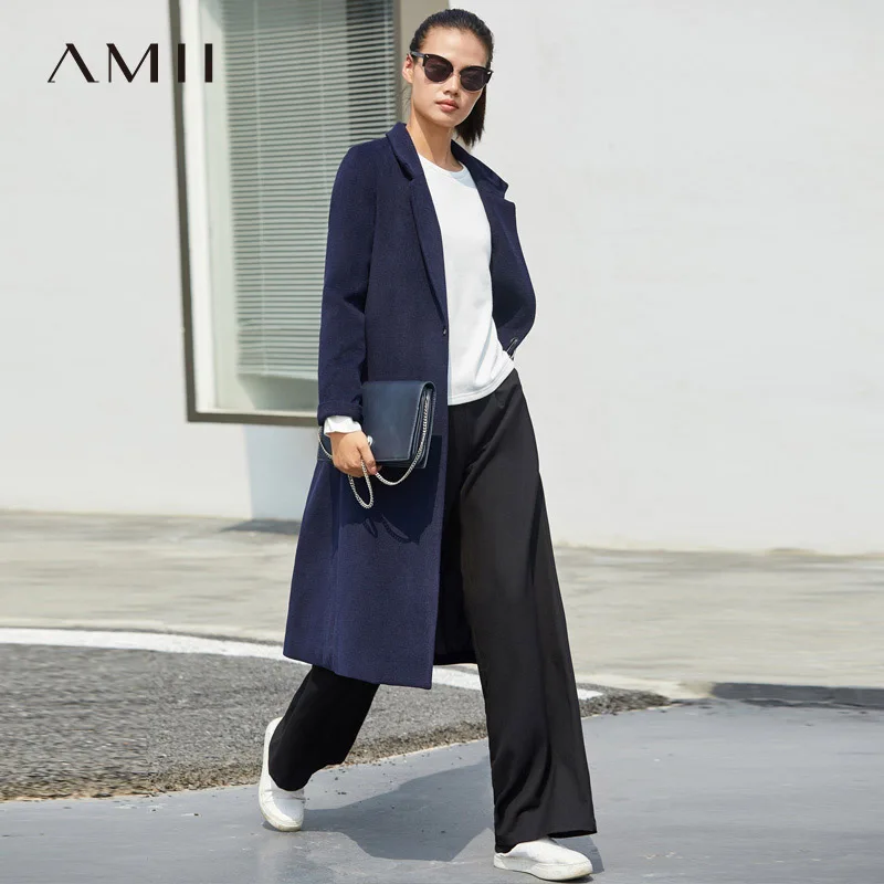 

Amii Minimalist Hepburn Woolen Coat Women 2018 Causal Solid Single Button Turn Down Collar Female Autumn Long Jacket Navy Blue