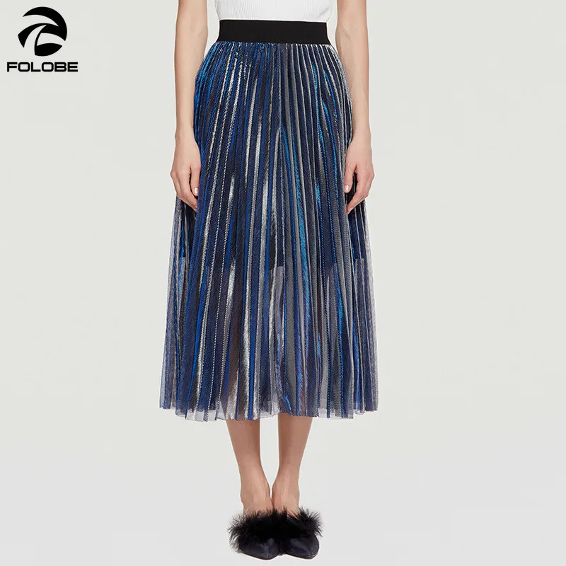FOLOBE женские плиссированные юбки для вечеринок трапециевидные длинные Faldas Mujer миди Saias Блестящие модные юбки из вуали