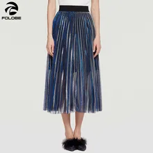 FOLOBE женские плиссированные юбки для вечеринок трапециевидные длинные Faldas Mujer миди Saias Блестящие модные юбки из вуали