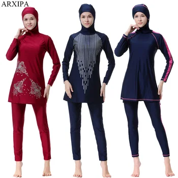 

ARXIPA 2019 Muslim Swimwear Islamic Women Modest Swimsuit Arabian Burkinis Conservative Full Cover Hijab Sport Print Plus Size