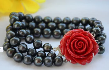 

Wedding Woman Gift 8x9mm 3 Rows Black Natural Freshwater Pearl Bracelet Handmade Red Rose Clasp Woman Jewelry