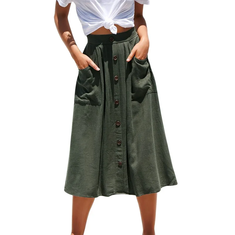 Cysincos летняя модная женская однотонная однобортная юбка средней длины с высокой талией и карманами, элегантная юбка миди - Цвет: Army Green
