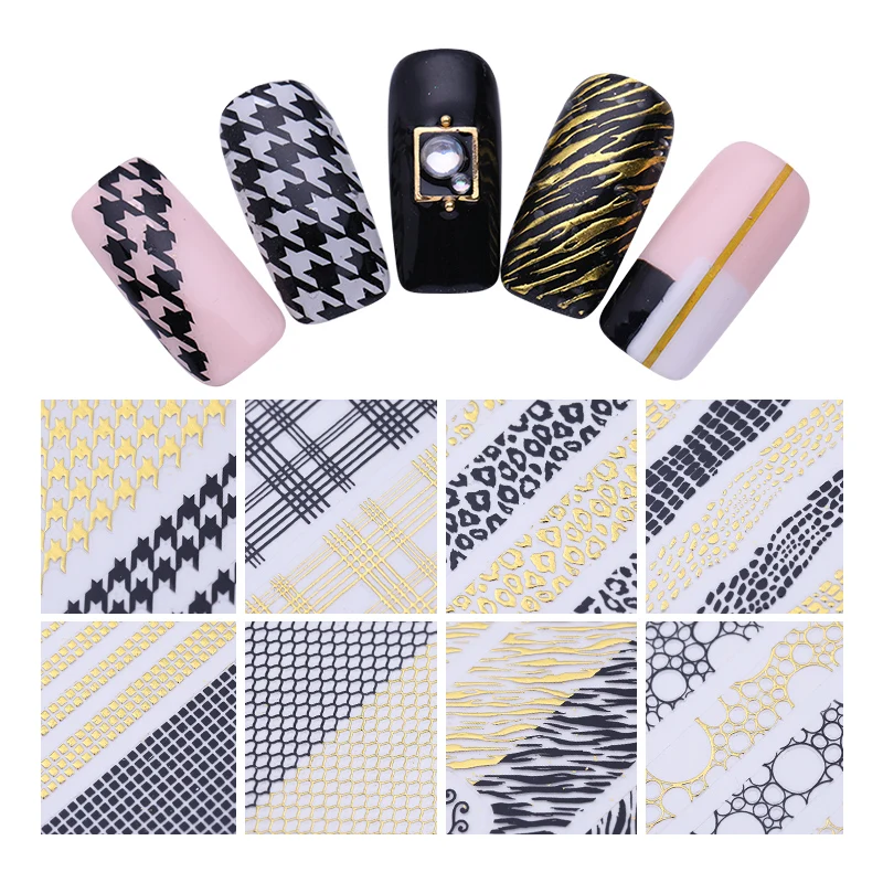 

1Pc 3D Nail Art Sticker Gold Lattice Houndstooth Leopard Stripe Geometric Moon Star Stripes Wave Line DIY Decals Decoration