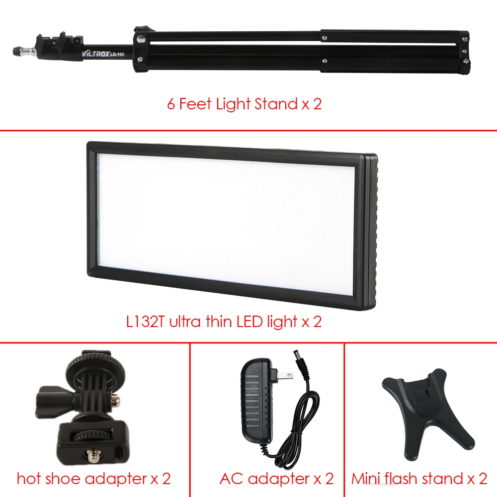  Viltrox L132T Bi-Color Dimmable LED Video Light x2 +2x Light Stand +2x AC Adapter for DSLR Camera S