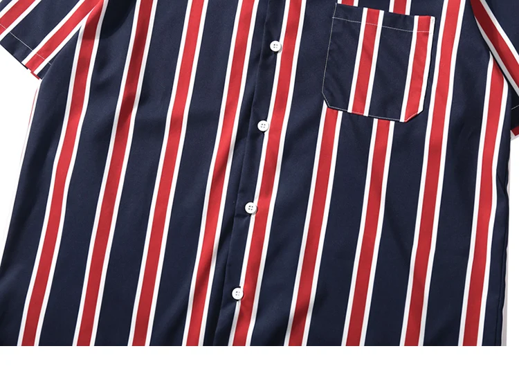 Хип-хоп рубашка уличная Летняя мужская пляжная рубашка Харадзюку Ретро винтажная Повседневная модная полосатая рубашка Топы с коротким рукавом и карманом