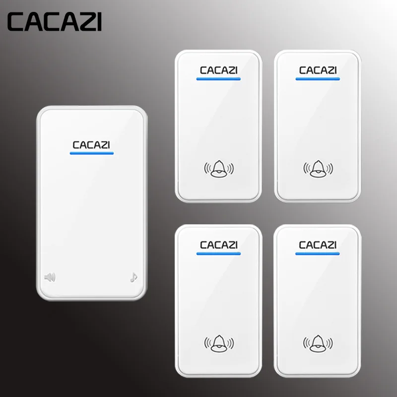 Cacazi, беспроводной дверной звонок 4 водонепроницаемых кнопки+ 1 приемник AC 100-220V EU US UK plug дверное кольцо 48 мелодий 6 громкости дверной Звонок