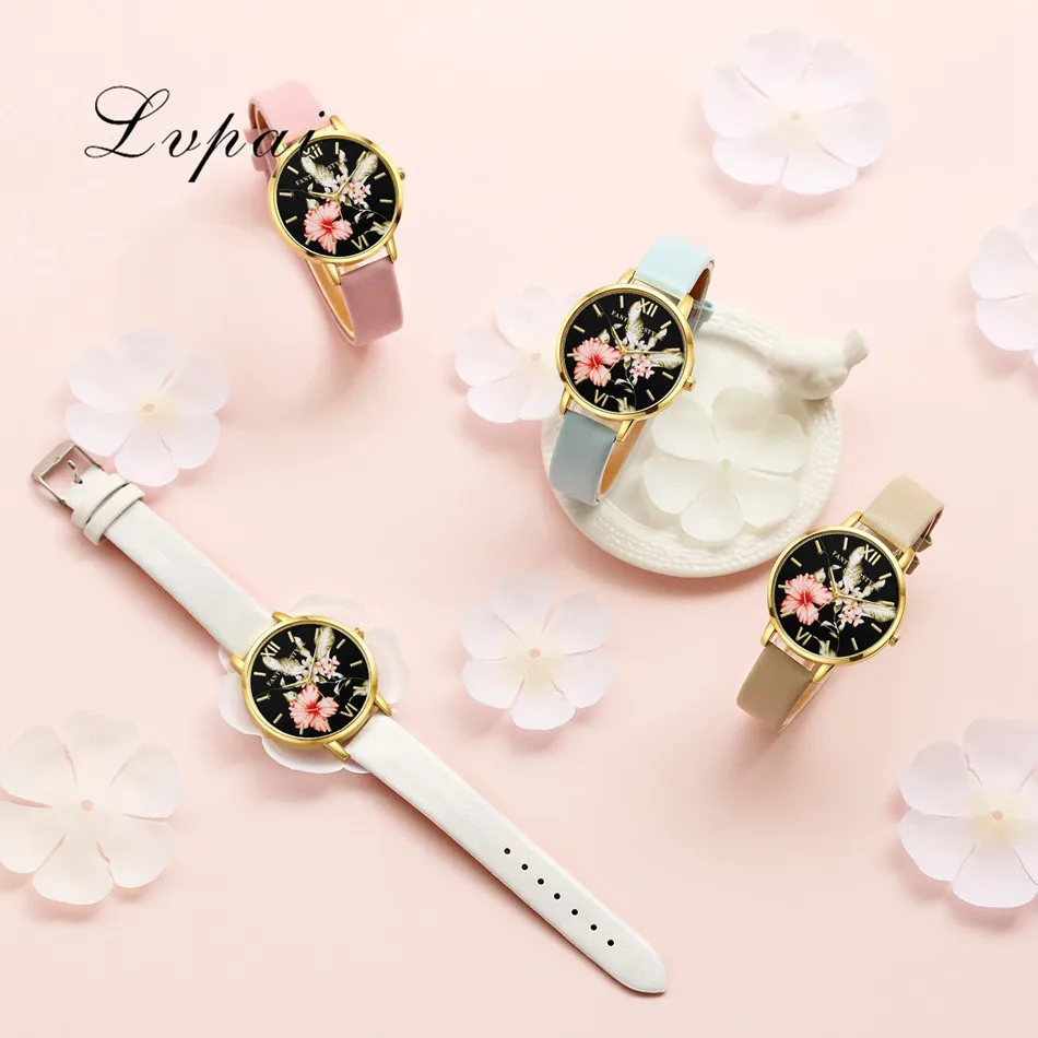 Lvpai Brand Women Bracelet Watch Fashion Rose Gold Flowers Leather Simple Women Dress Watches Luxury Business Clock Watch