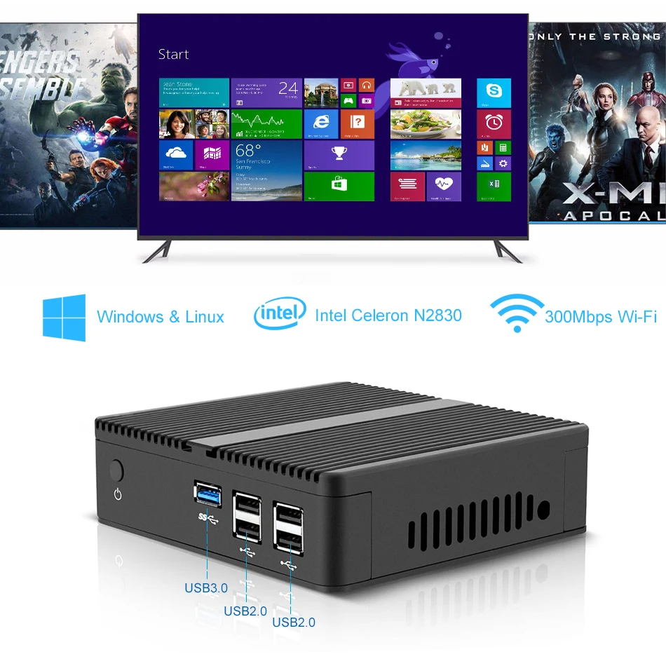 XCY Fanless Mini PC Thin Client Intel Celeron N2830 HDMI VGA Display Gigabit Ethernet 5x USB Support WiFi Windows 7/8/10 Linux 4