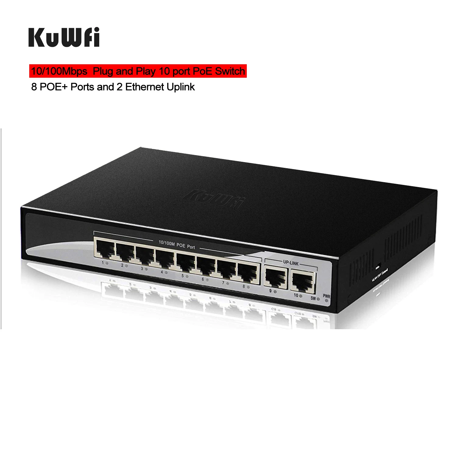 10 Port Plug and Play PoE Switch 100Mbps Ethernet Network Switch 8 POE Ports&2Uplink Ethernet for IP Cameras-48V