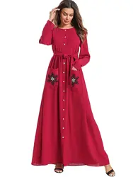 M-4XL женское мусульманское платье с круглым вырезом с длинным рукавом мусульманские платья красный хиджаб одежда Robe femme мусульманских с