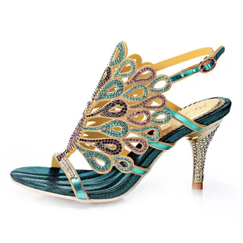 

Sheepskin High-Heeled Shoes Summer 2020 Diamond Leather Sandals Women Pumps Rhinestone Buckle Design Peacock Color 2 style