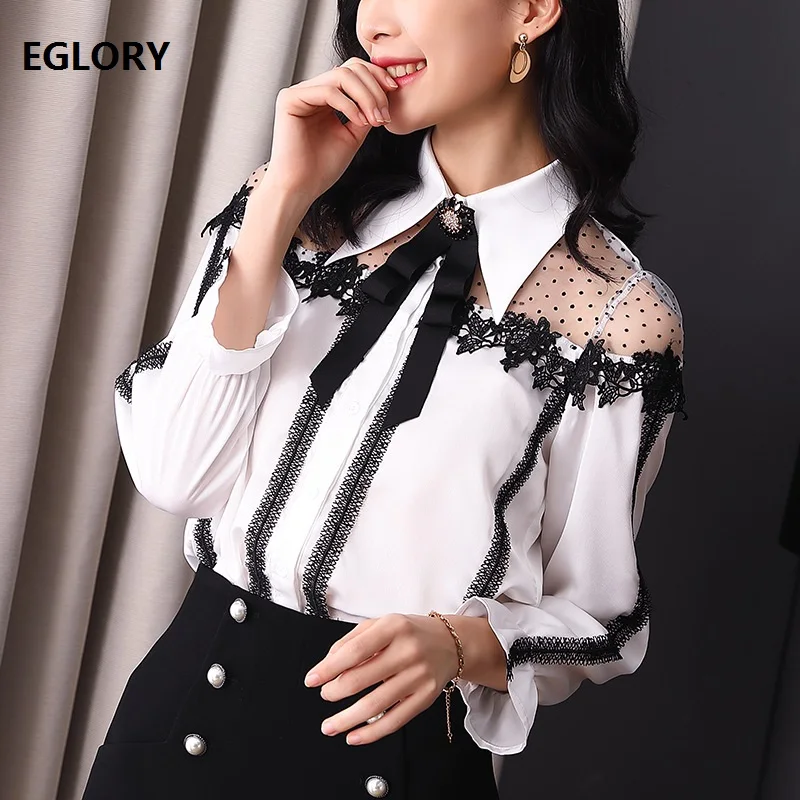 

Blusas Feminino 2019 Spring Summer Fashion Blouse Women Turn-down Collar Polka Dot Mesh Patchwork Long Sleeve Sexy Shirt Blouse