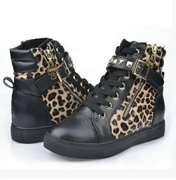

2019 increased White leopard canvas shoes zipper rivet leopard flower belt buckle high to help sports women's shoes Tennis Shoes