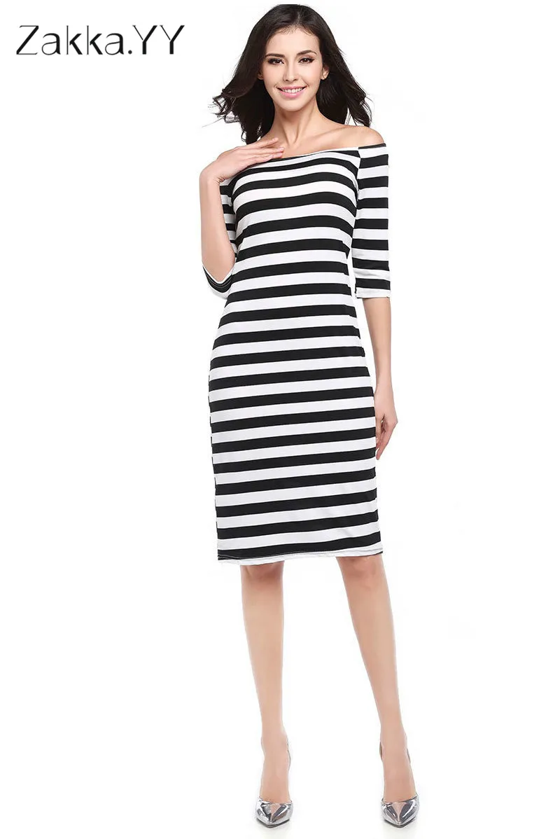 2018 Spring Fashion Women's Dress Striped Slash neck Sheath Office Lady Summer 3 Colors Empire Night women's | Женская одежда