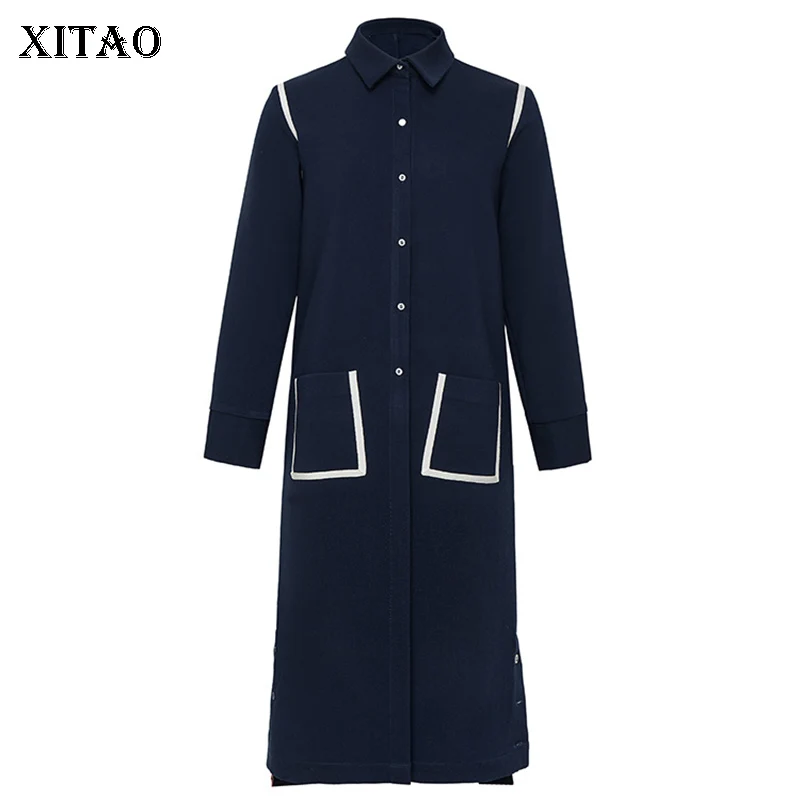 

XITAO Irregular Side Split Midi Dress Patchwork Pocket Think Plus Size Shirt Dress Turn Down Collar Autumn New Fashion ZLL4180
