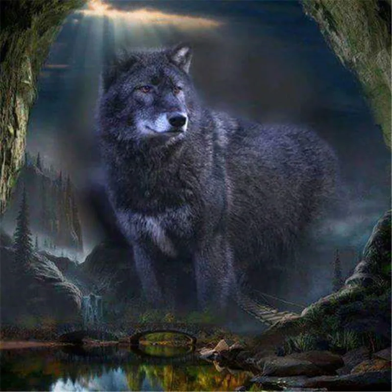 

5D Needlework Diy Diamond Painting Cross Stitch wolf in the cave animal full Diamond Embroidery cube Drill Home Decor gift