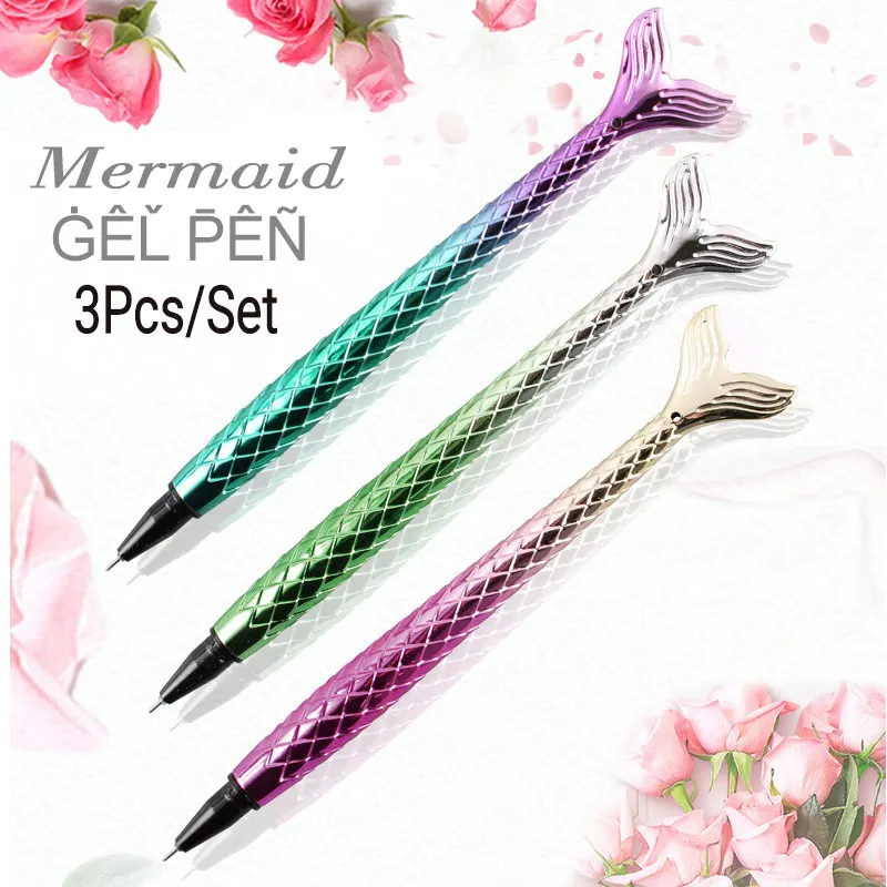 

DELVTCVH 3Pcs/set Lovely Mermaid 0.5mm Gel Pen Blue Black Ink Office Signature Pen School Student Writing Stationery Kids Gift