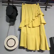 Новое поступление; Летнее Для женщин юбка-Лотос коллаж стежка однотонный, из полиэстра хлопок корейский стиль