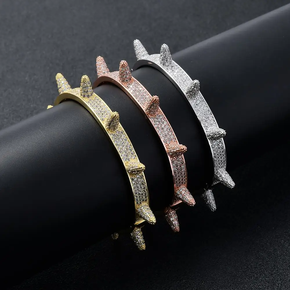 

Iced Out Bling Cubic Zircon Rivet Bracelets Rose Gold Silver Spike Bangles Luxury Gifts for Men Women Hip Hop jewelry
