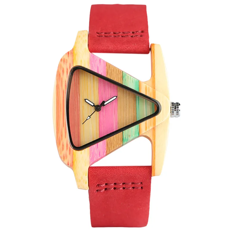 

2017 New Arrival Creative Hand-made Ladies Quartz Colorful Wooden Bamboo Case Watch with Genuine Leather Watchbands Gift Female