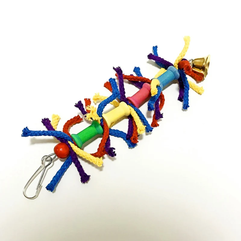 

Pet Bird Wooden Blocks and Cotton Rope Chew Toys Parrots Colorful Hanging String Toys with Bells