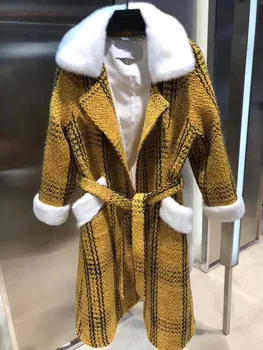 

High quality woollen coat mink fur decoration collar manteau amazing silm winter long coat women elegant casaco feminino inverno