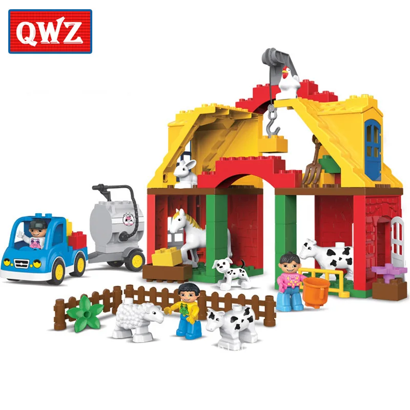 

QWZ 65pcs Large Particles Happy Farm Animals Paradise Car Model Building Blocks DIY Brick Toys Compatible With Duplo Kids Gifts