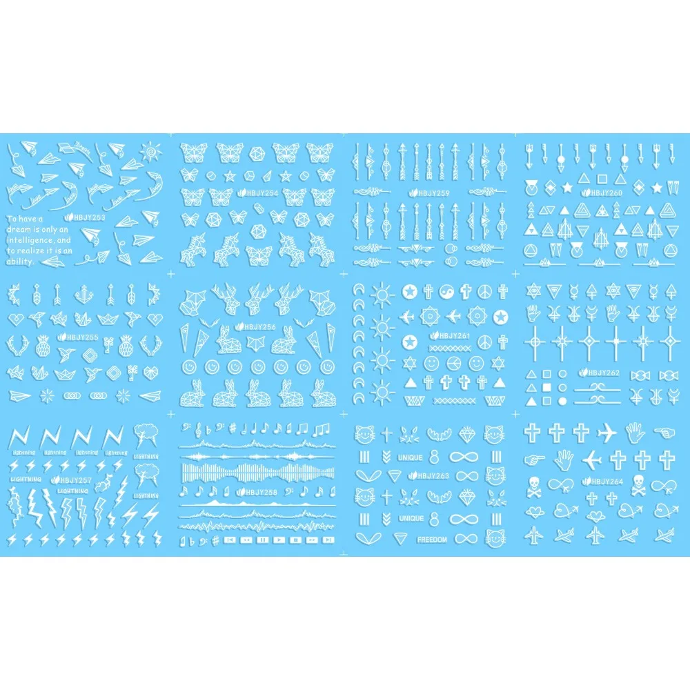 

12 PCS / LOT SELF-ADHESIVE 3D NAIL TATTOOS STICKER WHITE BLACK GOLD SILVER GEOMETRY ANIMAL TRIBE SIGNS ARROW HBJY253-264