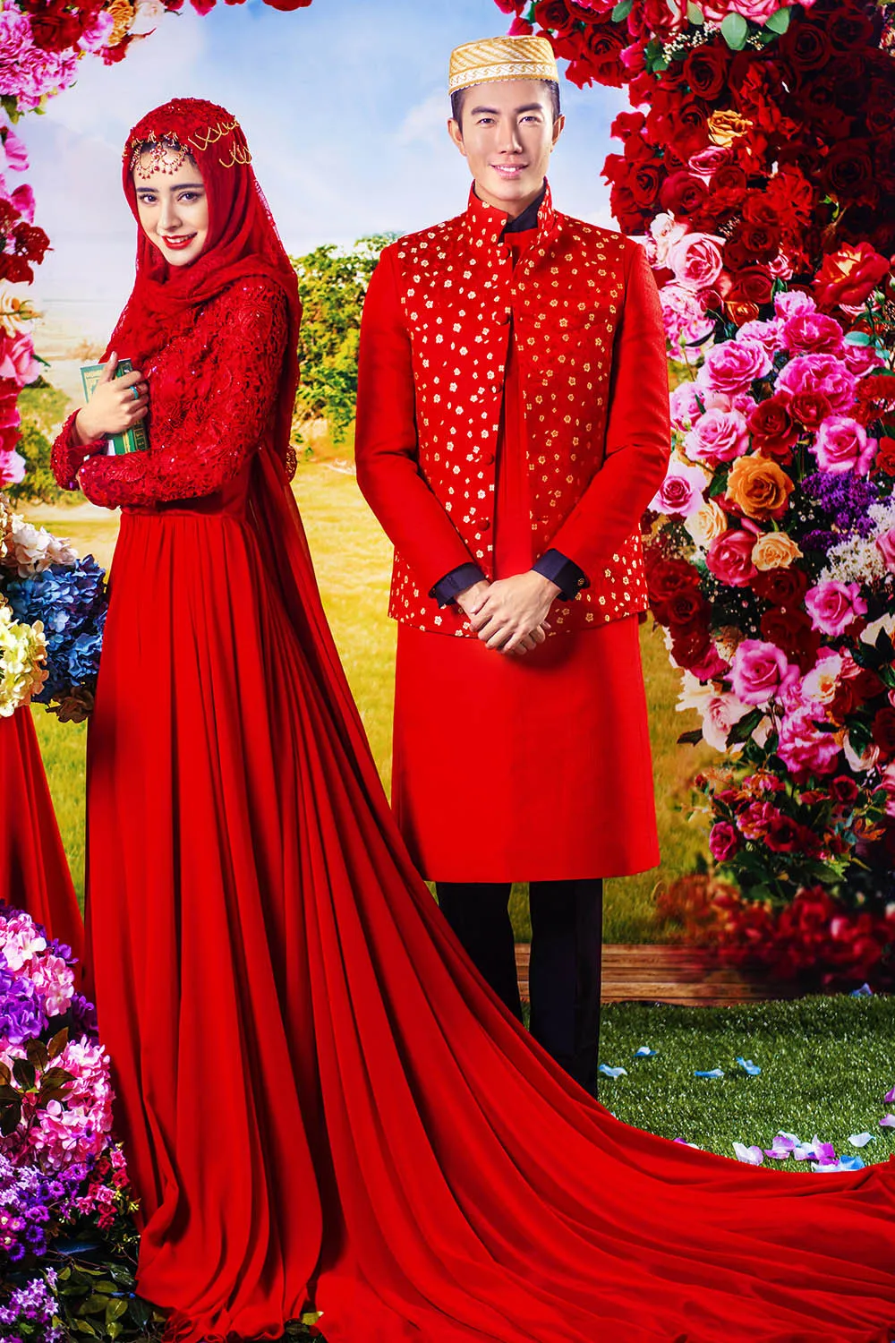 Long Sleeve Muslim Wedding Dress Lace Red Chiffon Court -6113