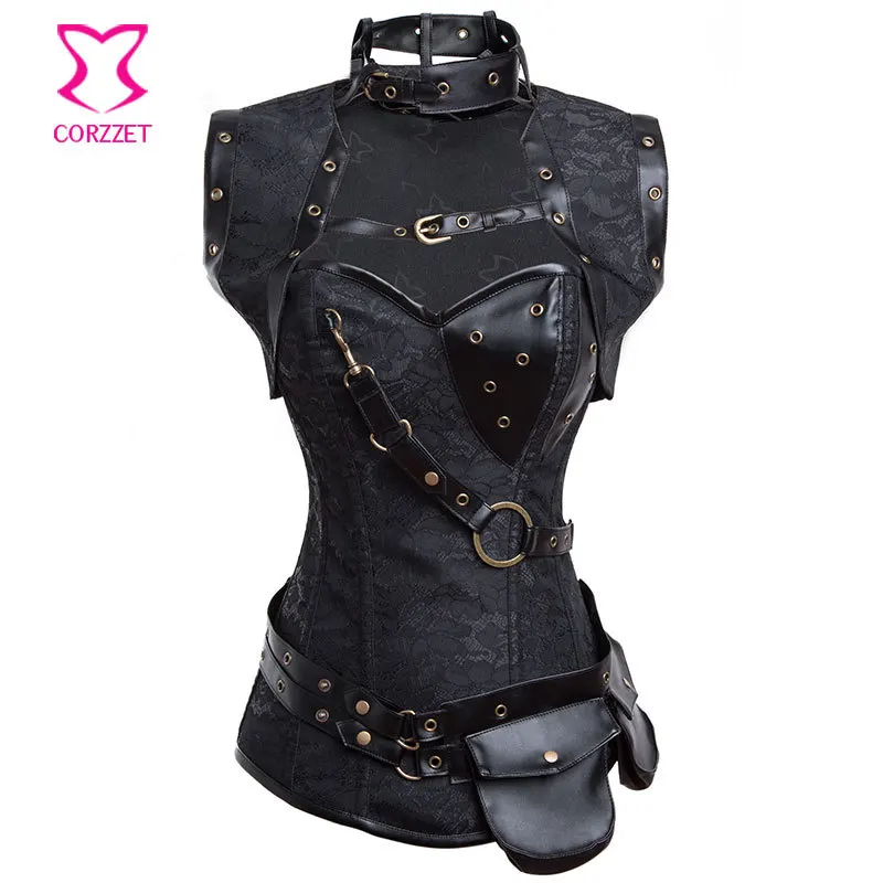 

Corzzet Plus Size Black Leather Steampunk Overbust Corset Belt Pocket Waist slimming Corpetes E Espartilhos Sexy Gothic Corsetto