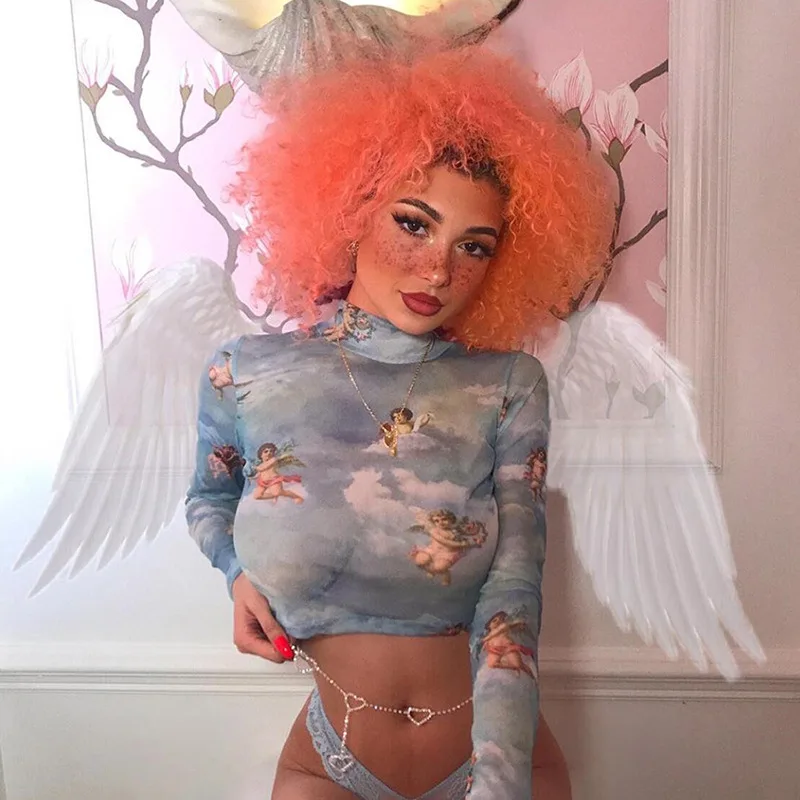 

7Mang Perspective Long Sleeve Crop Tops Tees Turtleneck Sexy Mesh T Shirt Women Transparent Tee Shirt Female Print T Shirts