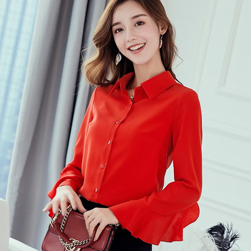 

Casual Tops Large Size Women Blouses Spring Autumn Shirt Red White Chiffon Shirts Office Work Slim Lapel Butterfly Sleeve Blusas