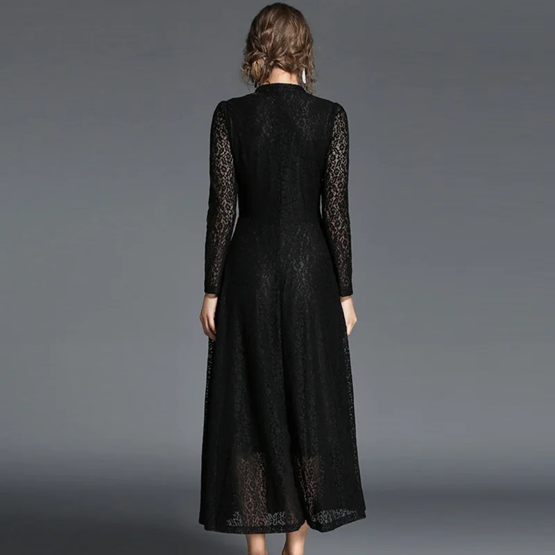 ShejoinSheenjoy Autumn Stand Hollow Lace Long Sleeve Dress Women Winter Red Buttons A-Line Party Dresses Black Women Long Dress (32)