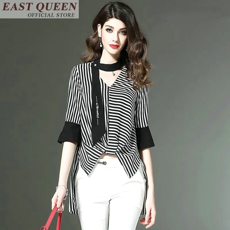 women-blouses-striped-feminine-shirts-half-flare-sleeve-v-neck-elegant-casual-office-ladies-blouse-high-quality-tops-dd677-l