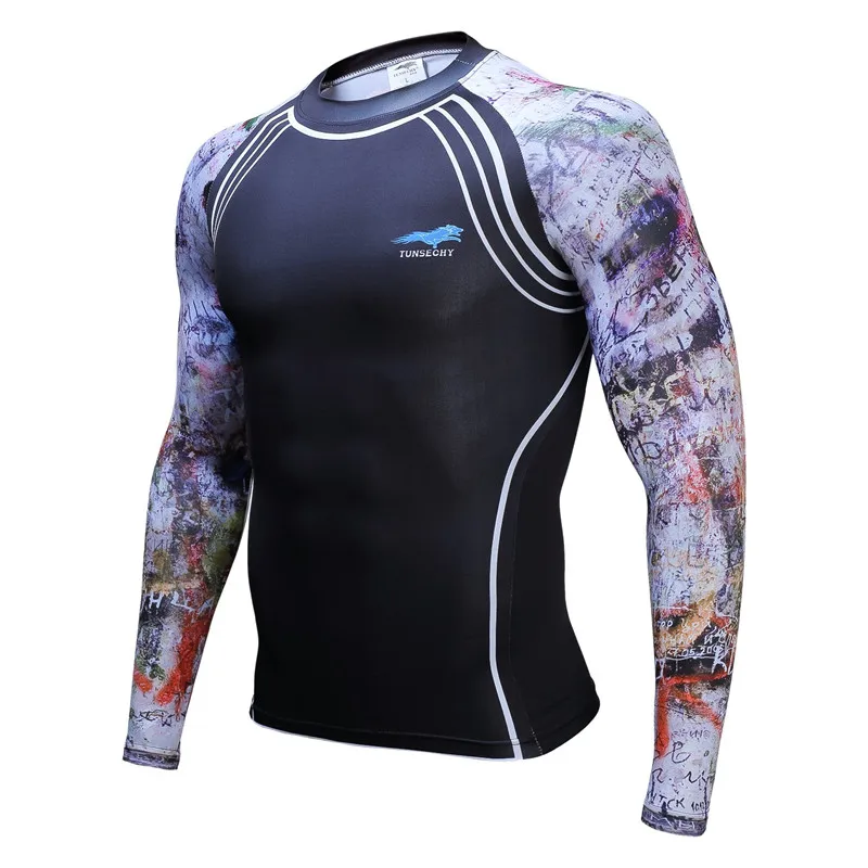 Muscle Men Compression Tight Skin Shirt Long Sleeves 3D Prints TUNSECHY brand Fitness Base Layer font
