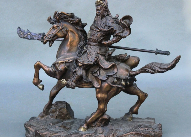 

10" Chinese Bronze Dragon Robe GuanGong GuanYu Sword Ride Horse Statue