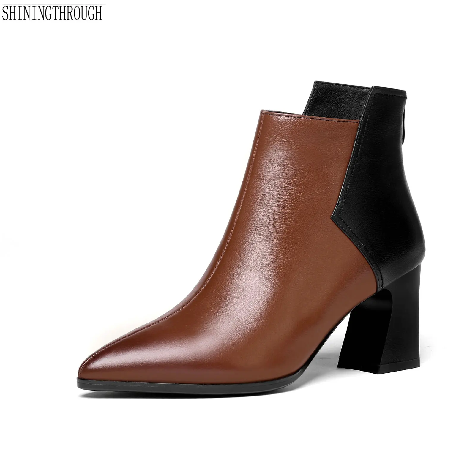 

Genuine Leather Shoes Women Ankle Boots Autumn Thick High Heel Martin Boots Zip Winter Handmade Leather Shoes Boot Black brown