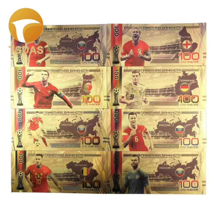 

8pcs/lot Nice Russia Banknotes Set Football Banknotes 100 Rouble Gold Banknote in 24K Gold Plated For Collection