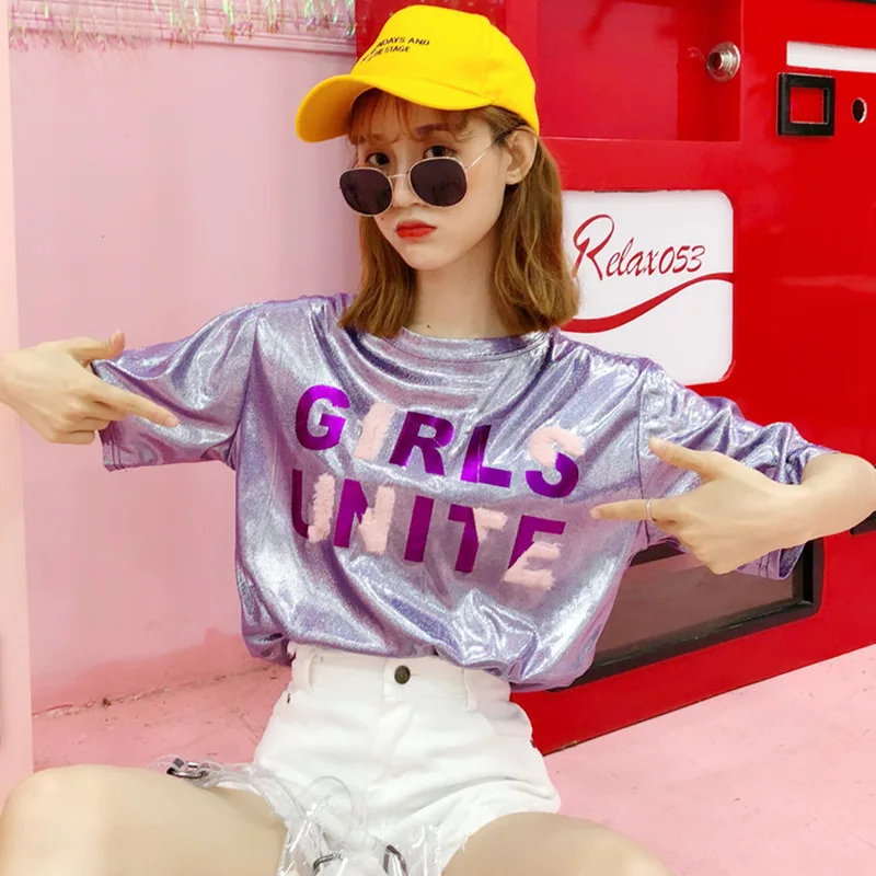 

Summer new Korean loose letter printing bright silk casual clothes sparkly short-sleeved T-shirt girl