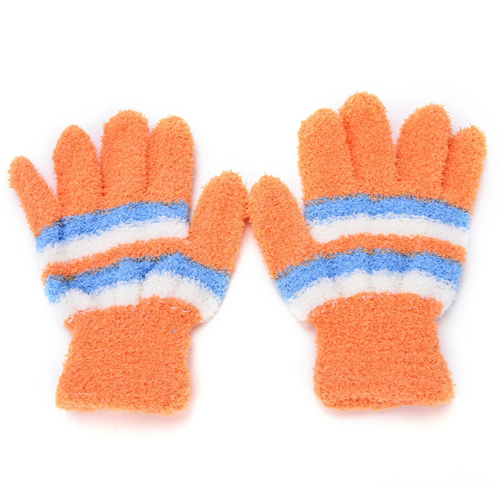1 пара разноцветных теплых зимних перчаток для мальчиков, коралловые перчатки для пальцев, детские перчатки, Полосатые варежки для девочки