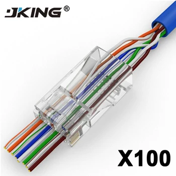

JKING 100Pcs EZ rj45 connector rj45 plug cat6 cat5e network connector male utp 8P8C unshielded modular terminals have hole