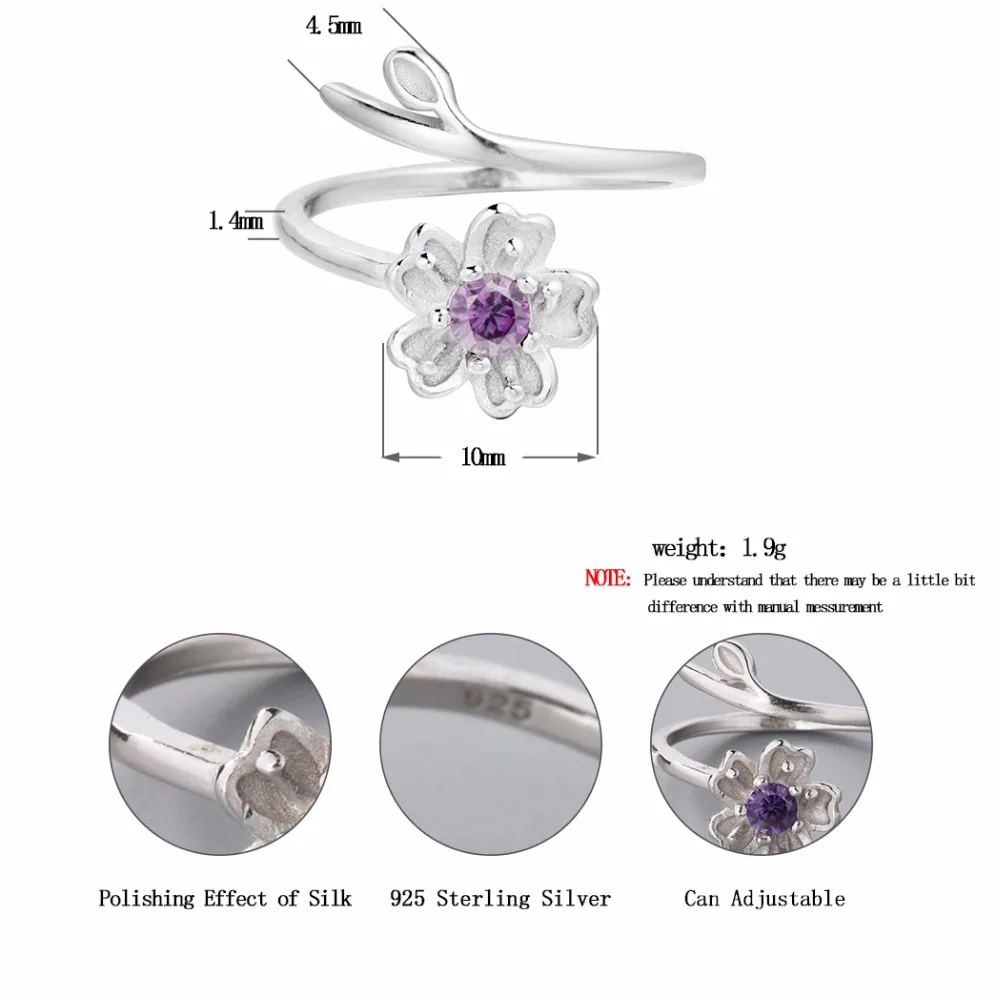 Чандлер 925 пробы Серебряный цветок маргаритки филиал обертывание кольца Регулируемый фиолетовый CZ палец ноги Bague для женщин Любовь Обещание роскошь