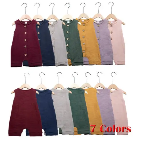 

Pudcoco Newborn Toddler Baby Boy Girl Romper Cotton Solid Button Sleeveless Jumpsuit Clothes Outfits