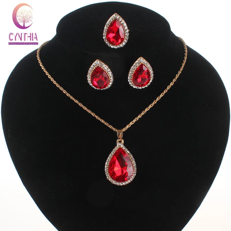 Fashion Gold Color Crystal Gem Jewelry Sets Heart Necklace Earrings