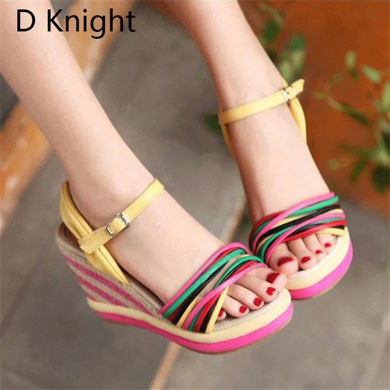 Gladiator Sandals Women 2018 Summer Bohemia Color Block Women Wedges Sandals Straw Braid Platform Wedge High Heel Women Sandals  (1)