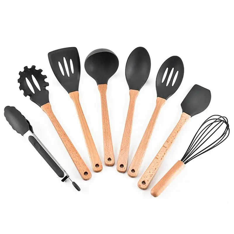 8pcs/Set Cooking Tools Kitchenware Wooden Handle Silicone Non-stick Kitchen Spoon Shovel Tong Set utensilios de cocina