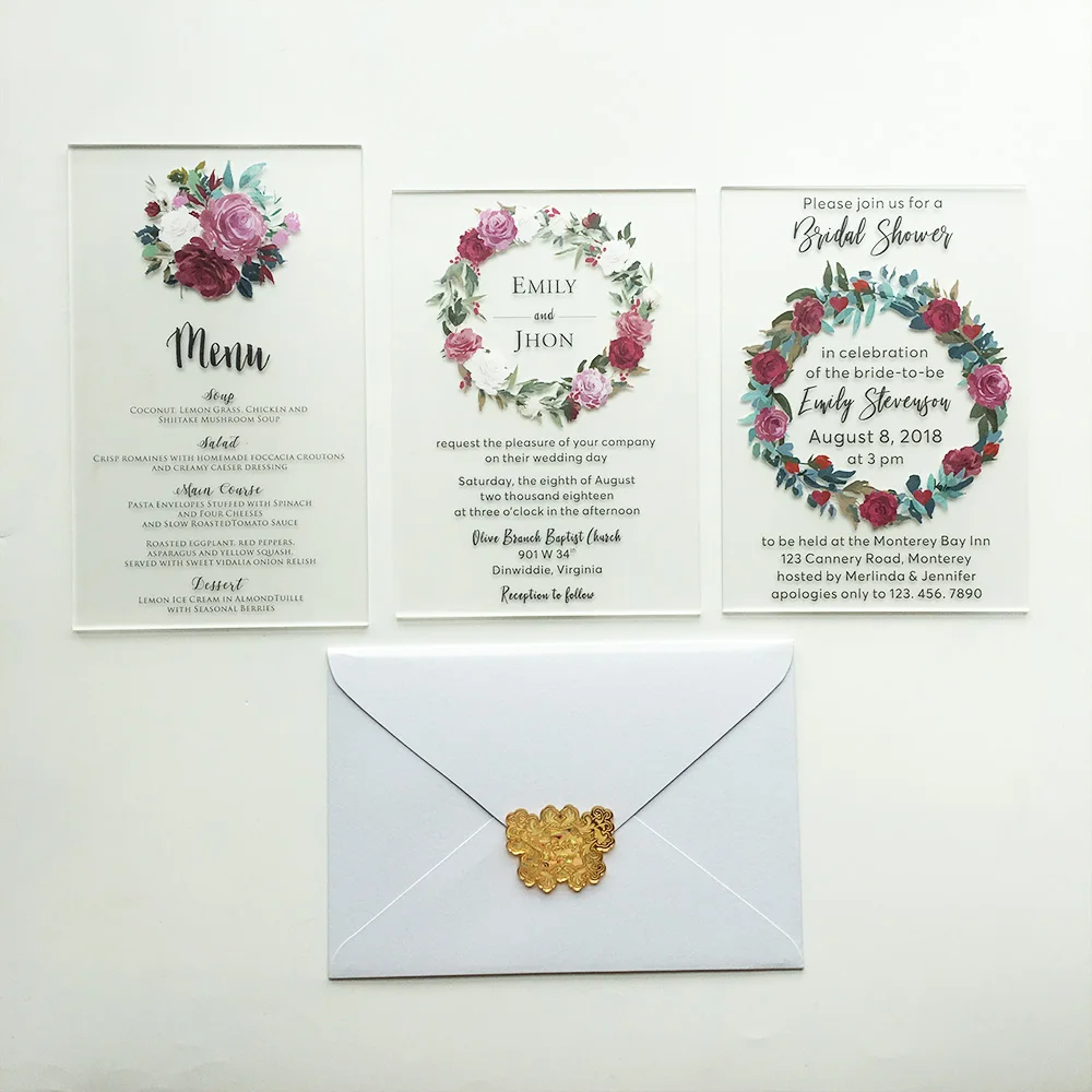  Customized 100 Sets Per Lot Beautiful Watercolor Style 5x7inch Frosted Acrylic Wedding Invitation C - 32865990030